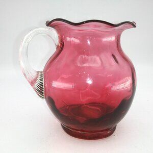VTG Pilgrim 3.75" Glass Hand Blown Mini Pitcher Cranberry Applied Clear Handle